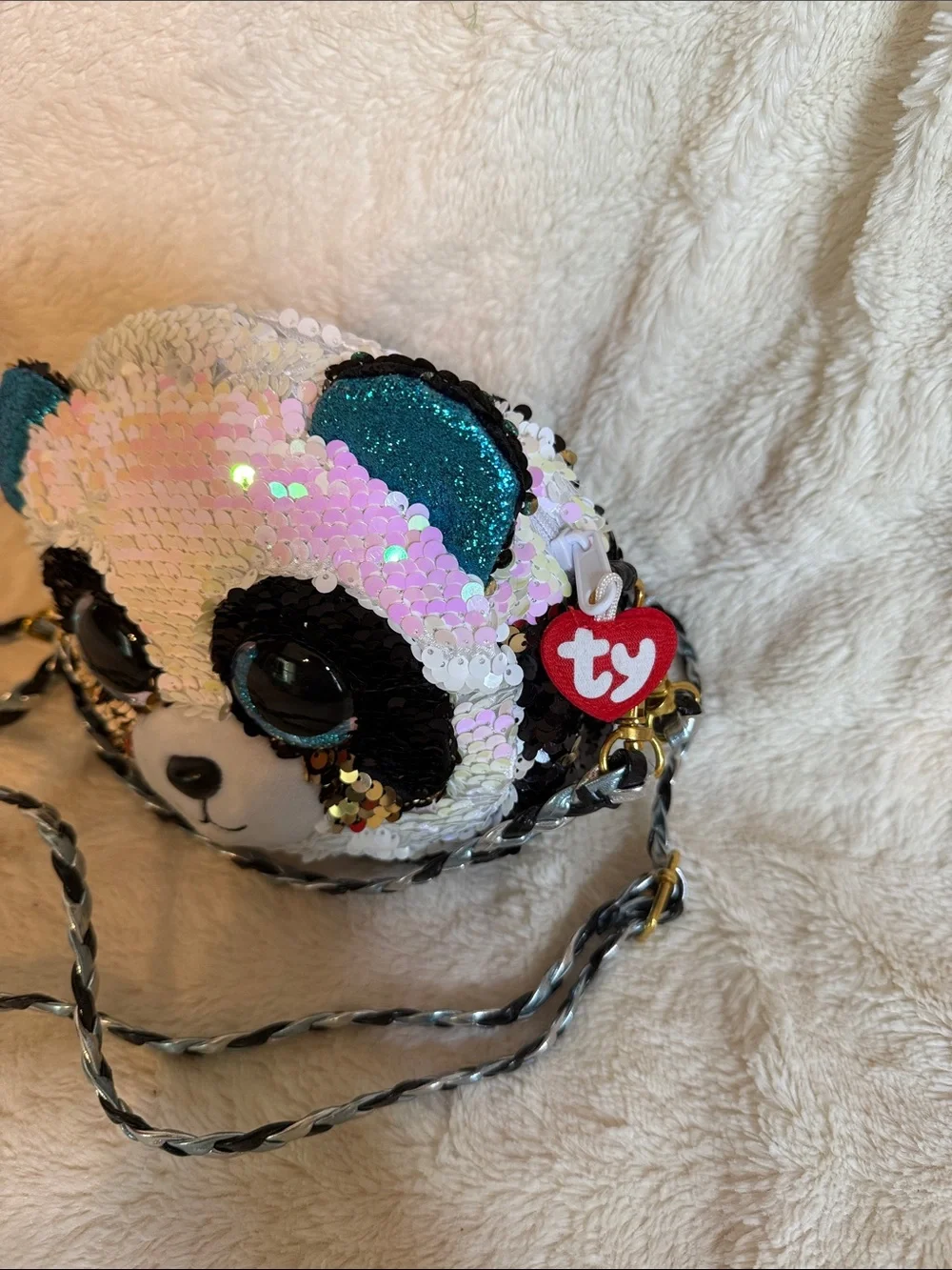 Ty Beanie Boos Bamboo the Panda Sequin Crossbody Purse White Black Iridescent
